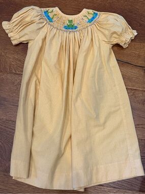 Smocked Giraffe Yellow Gingham Frog Hand Smocked Dress Girls Sz 3 Vintage Style